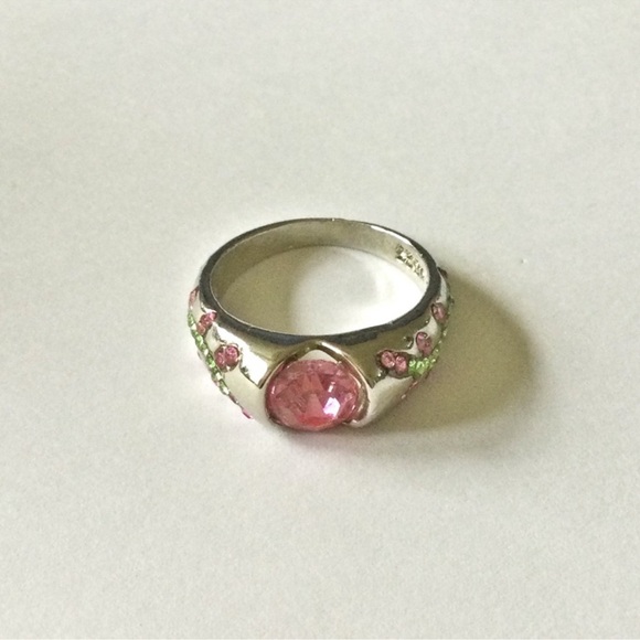 Stamped S925 Sterling Silver Pink Green Cubic Zirconia Inlay Set Flower Ring - Picture 2 of 10